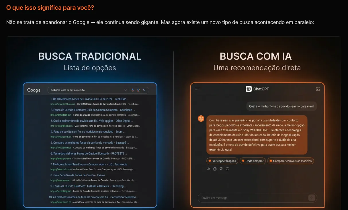 Comparação entre uma busca tradicional que apresenta uma lista de opções e uma conversa com inteligência artificial que oferece uma recomendação contextual