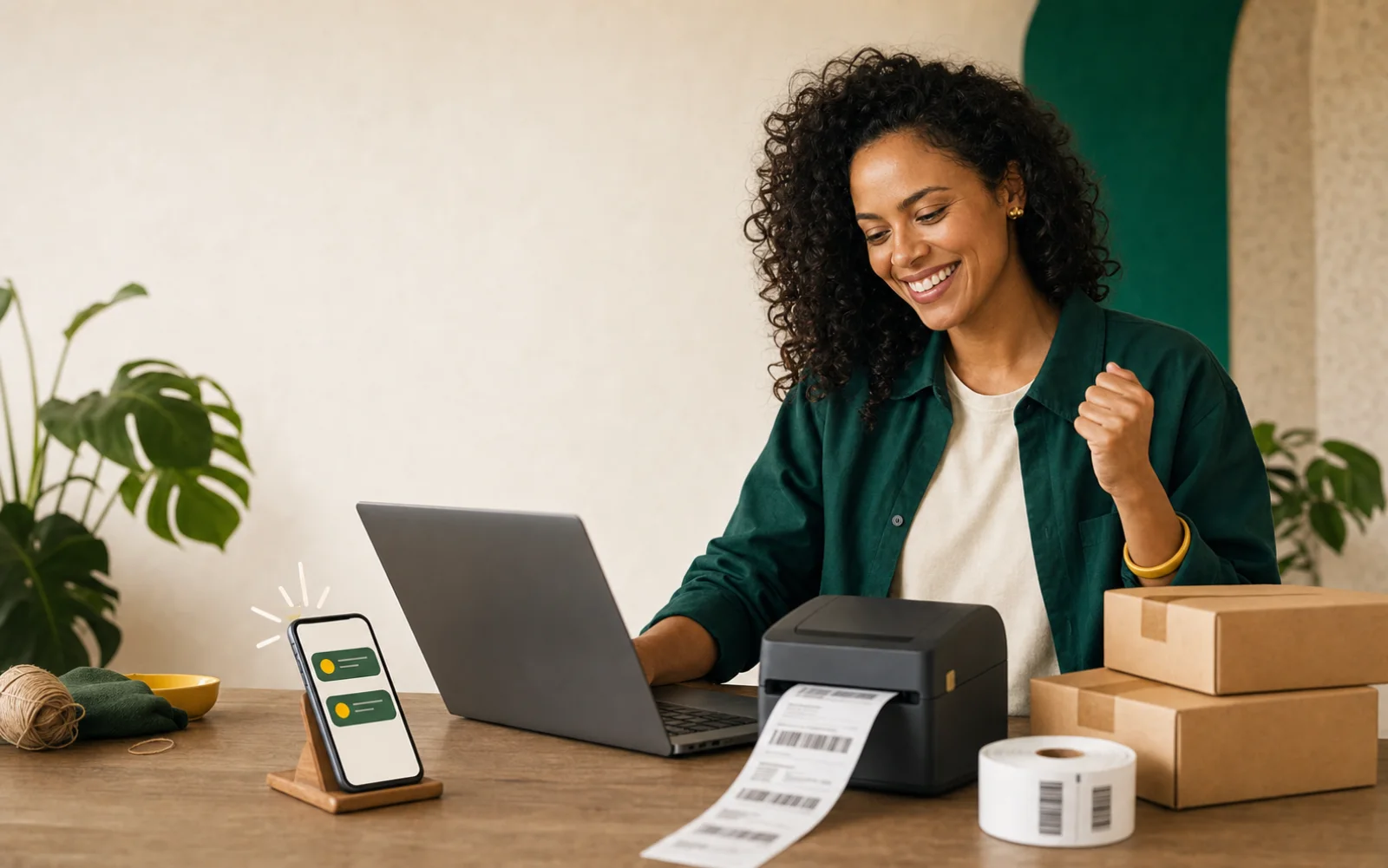 Empreendedora brasileira trabalhando em um ambiente digital com elementos verdes